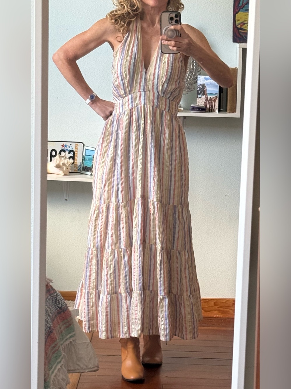 Boden Striped V-Neck Sleeveless Maxi Dress - Pastel Multi Colors